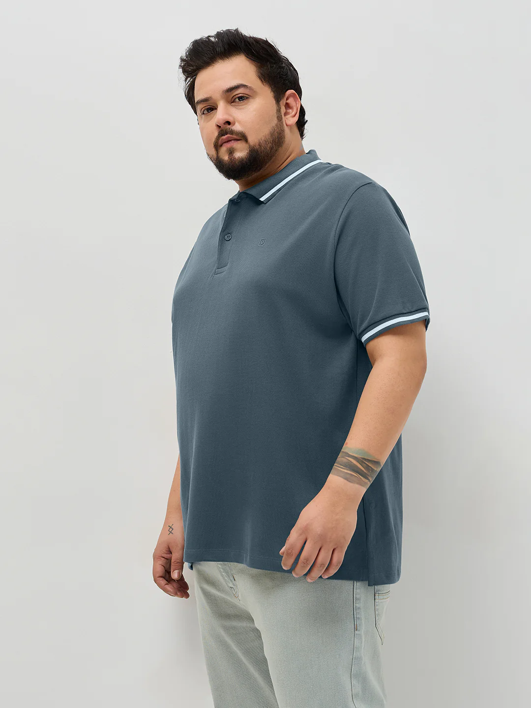 Plus Men's Dark Grey Solid Regular Fit Half Sleeve Cotton Polo T-Shirt - Image 2