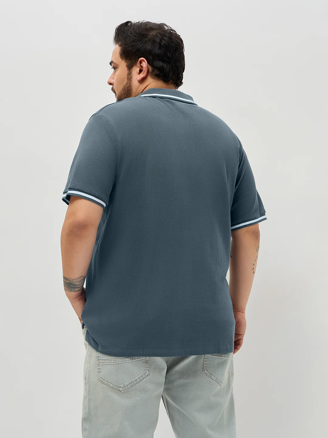 Plus Men's Dark Grey Solid Regular Fit Half Sleeve Cotton Polo T-Shirt - Image 3