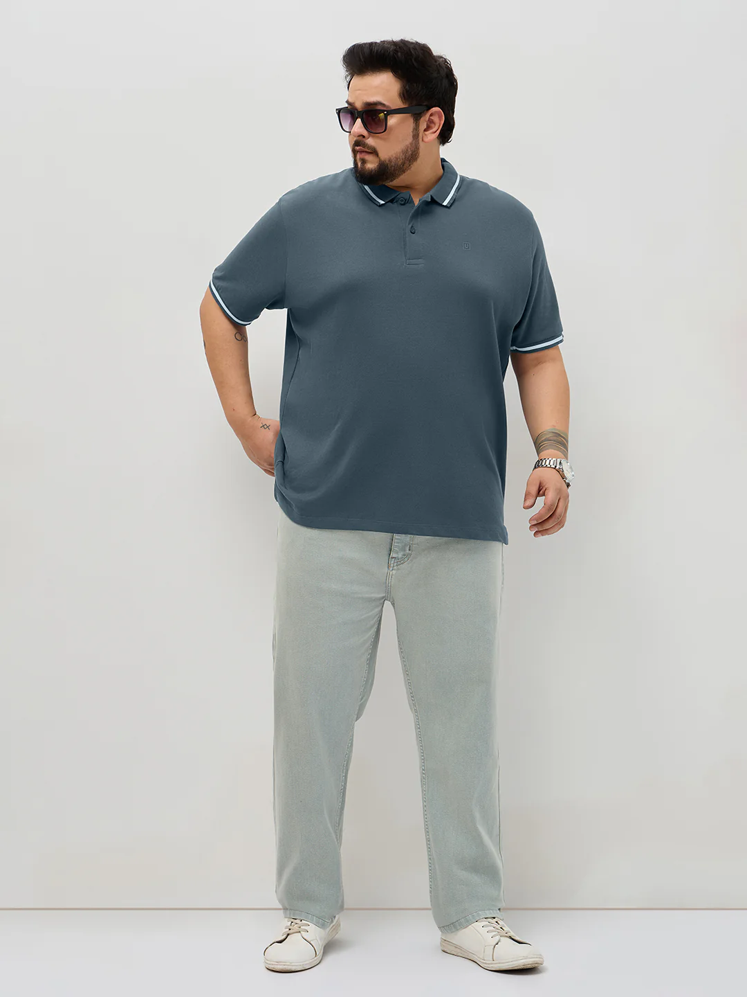 Plus Men's Dark Grey Solid Regular Fit Half Sleeve Cotton Polo T-Shirt - Image 4