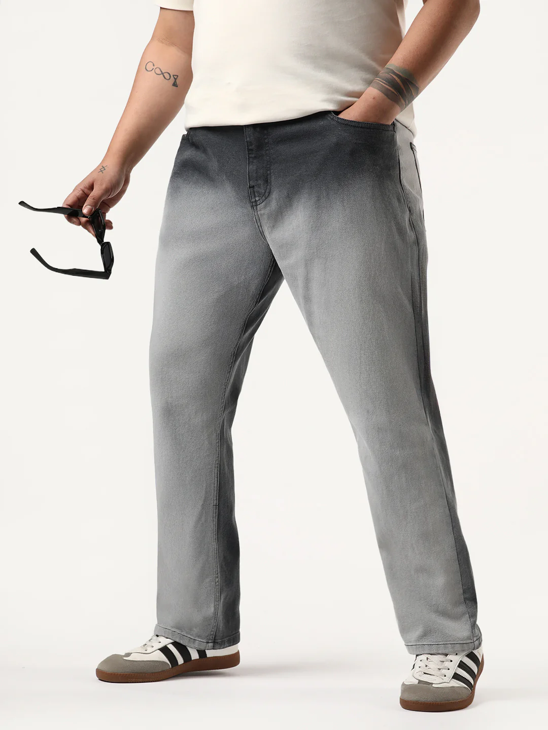 Plus Men's Dark Grey Straight Fit Heavy Washed Faded Denim Jeans Stretchable