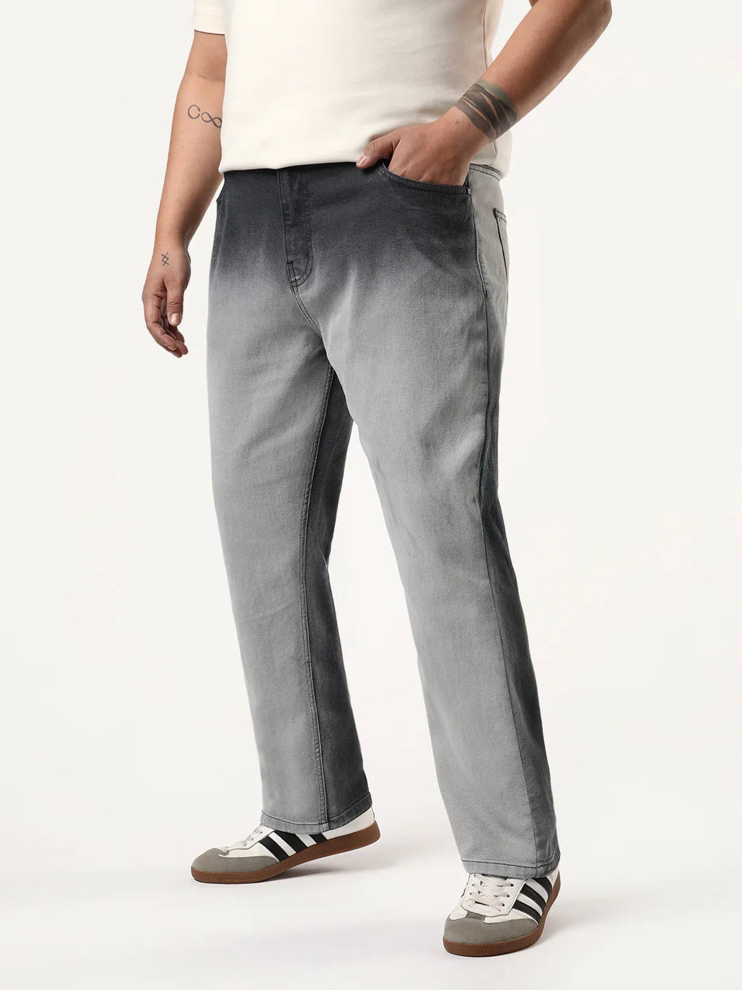 Plus Men's Dark Grey Straight Fit Heavy Washed Faded Denim Jeans Stretchable - Image 2