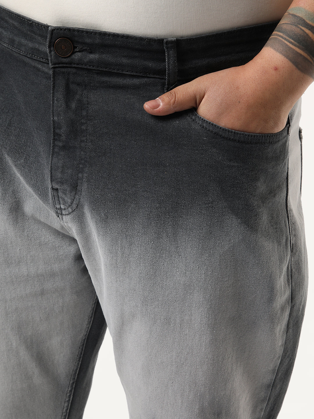 Plus Men's Dark Grey Straight Fit Heavy Washed Faded Denim Jeans Stretchable - Image 5