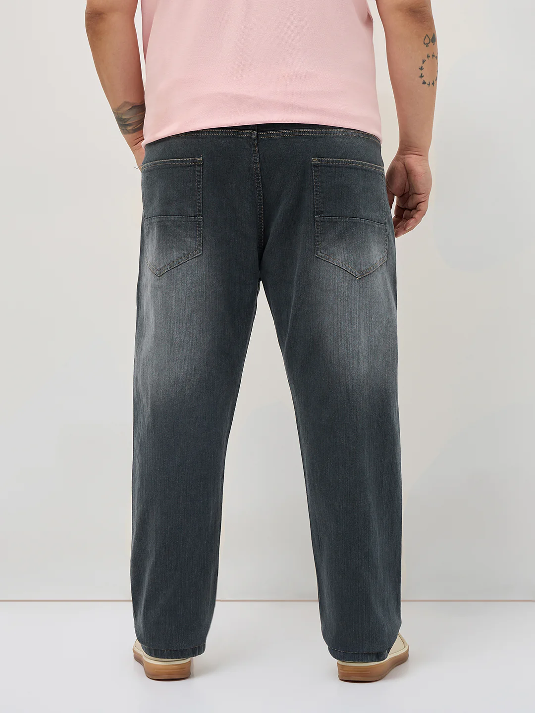 Plus Men's Dark Grey Straight Fit Washed Denim Jeans Stretchable - Image 3