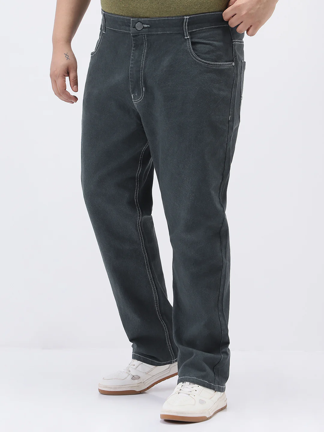 Plus Men's Dark Grey Straight Fit Washed Jeans Stretchable - Image 2