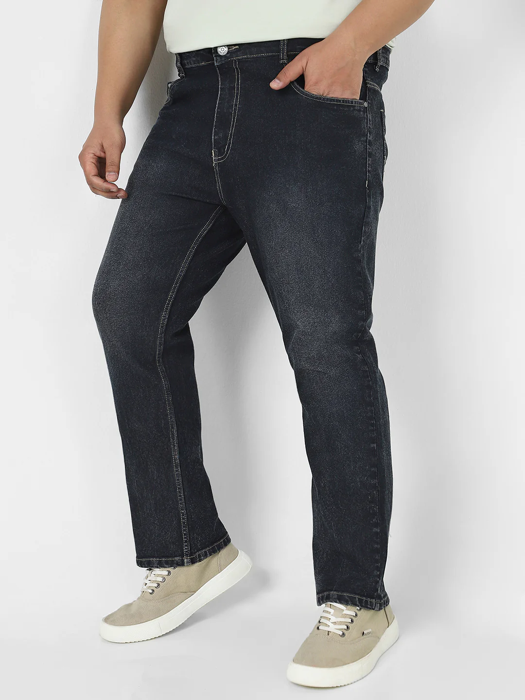 Plus Men's Dark Grey Straight Fit Washed Jeans Stretchable