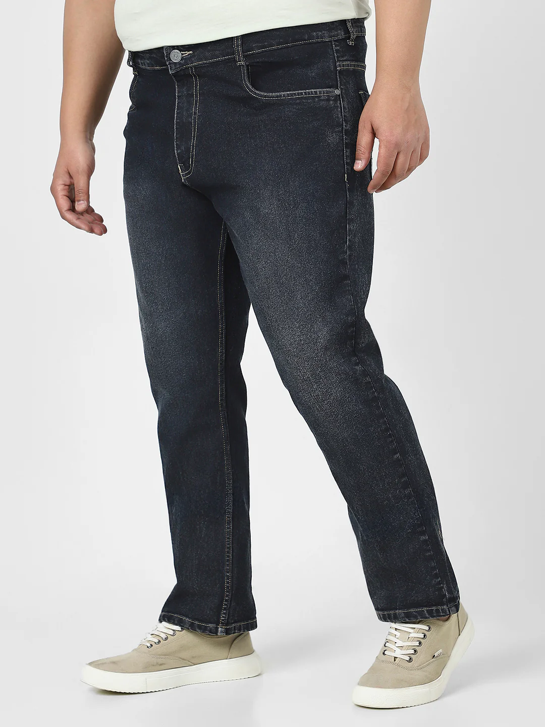 Plus Men's Dark Grey Straight Fit Washed Jeans Stretchable - Image 2