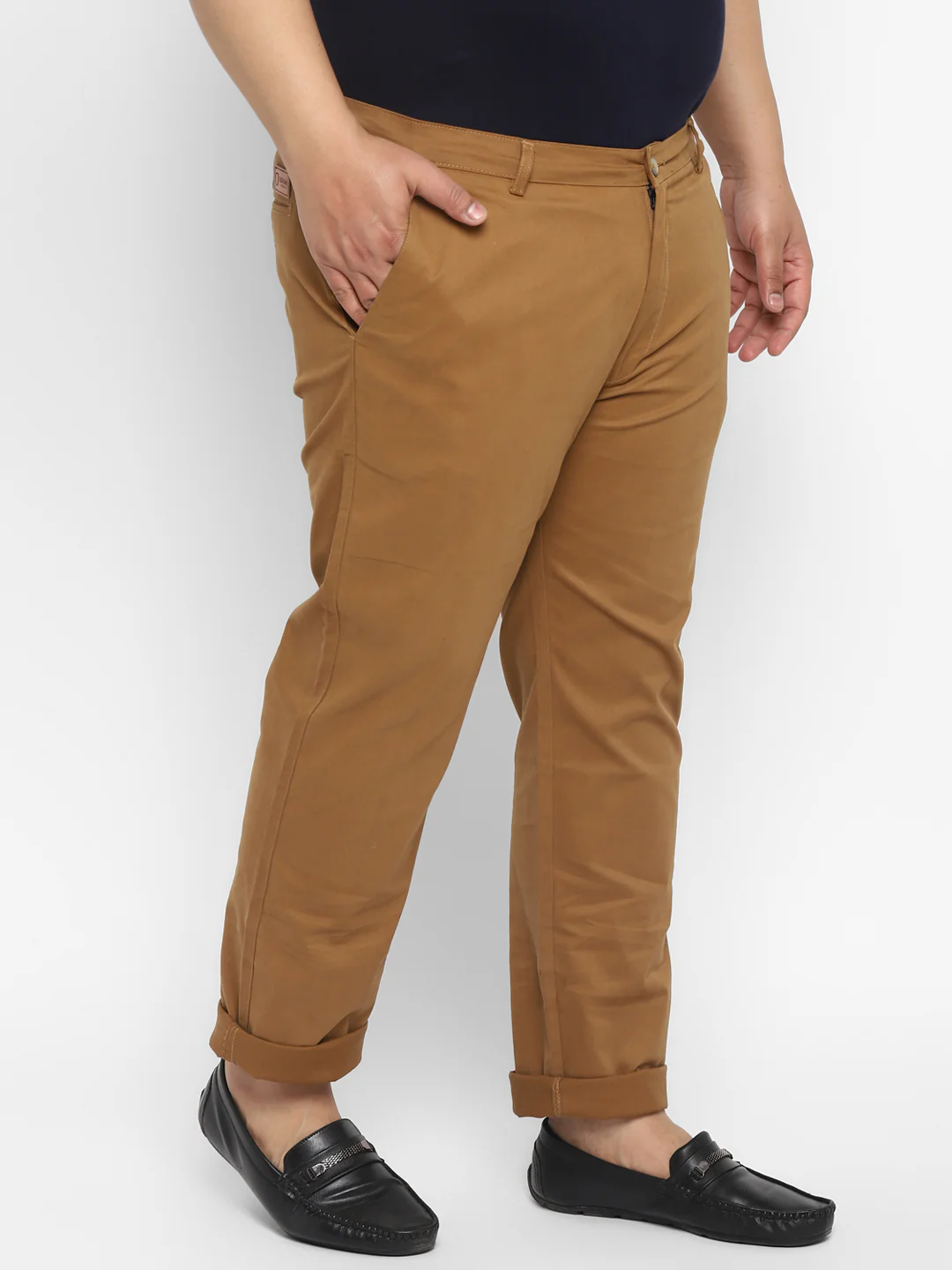 Plus Men's Dark Khaki Cotton Regular Fit Casual Chinos Trousers Stretch - Image 3