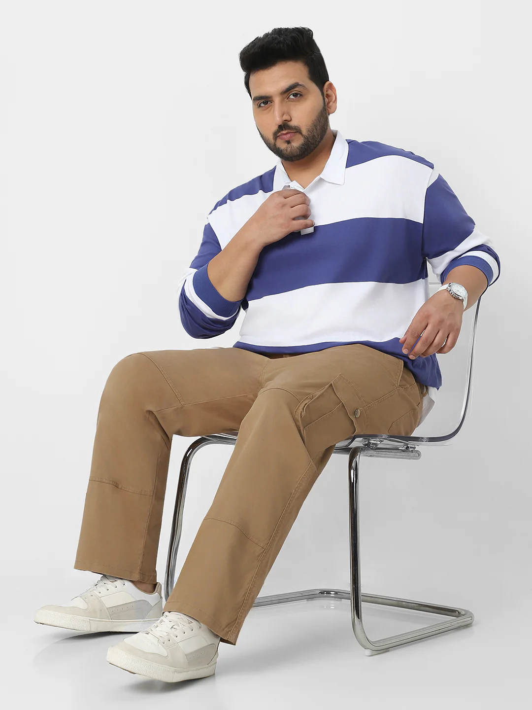 Plus Men's Dark Khaki Regular Fit Solid Cargo Chino Pant with 6 Pockets - Image 5