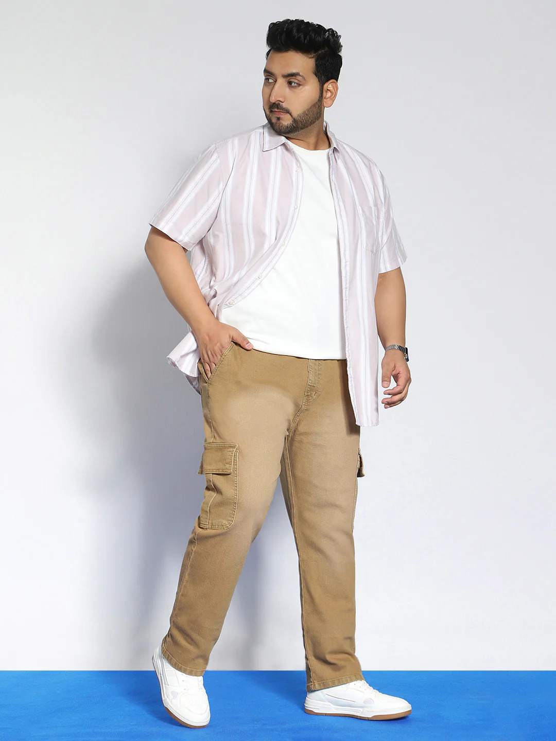 Plus Men's Dark Khaki Regular Fit Washed Cargo Jeans With 6 Pockets Stretchable - Image 4