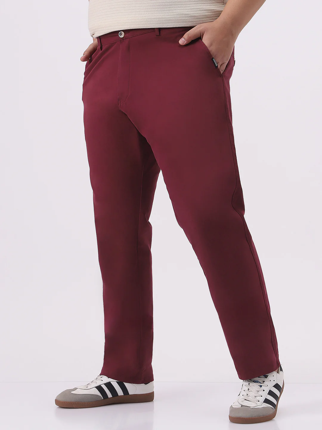 Plus Men's Dark Maroon Cotton Regular Fit Casual Chinos Trousers Stretch - Image 3