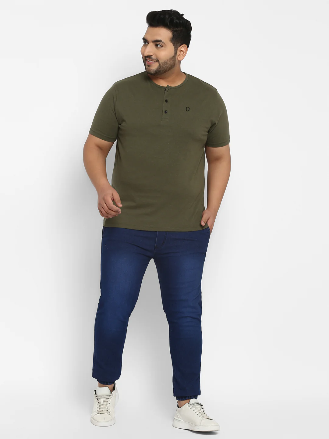 Plus Men's Dark Olive Green Solid Henley Neck Regular Fit Half Sleeve Cotton T-Shirt - Image 2