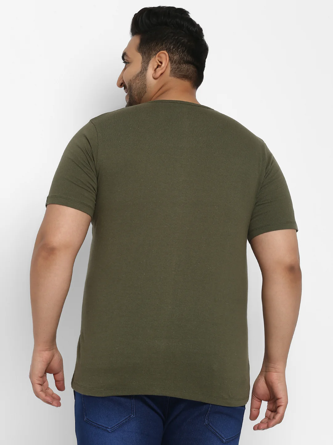 Plus Men's Dark Olive Green Solid Henley Neck Regular Fit Half Sleeve Cotton T-Shirt - Image 3