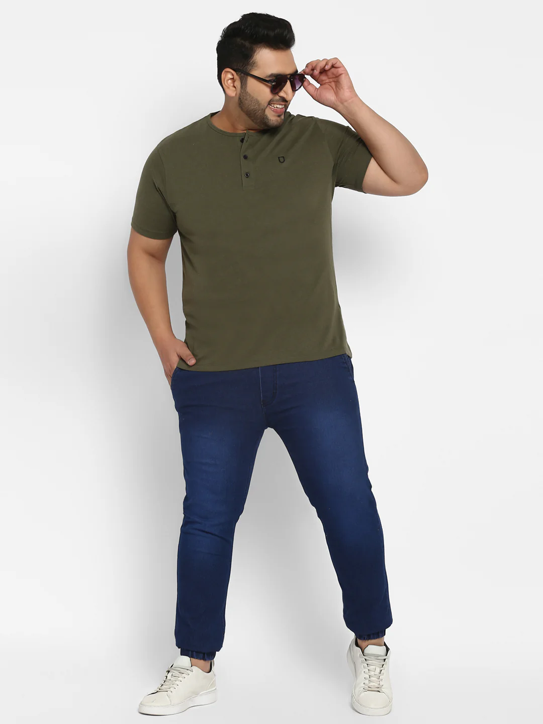 Plus Men's Dark Olive Green Solid Henley Neck Regular Fit Half Sleeve Cotton T-Shirt - Image 4