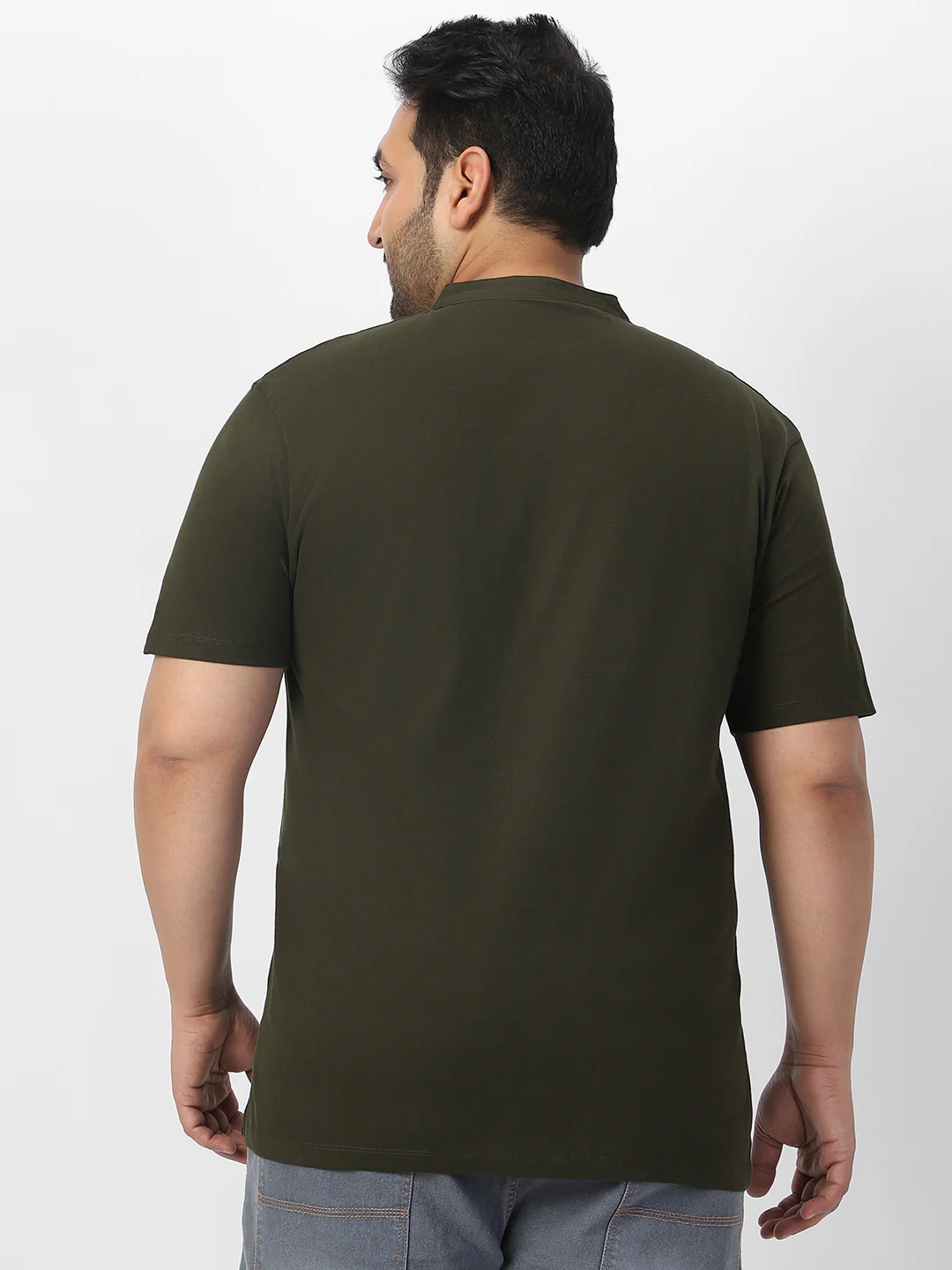 Plus Men's Dark Olive Green Solid Mandarin Collar Regular Fit Half Sleeve Cotton T-Shirt - Image 3