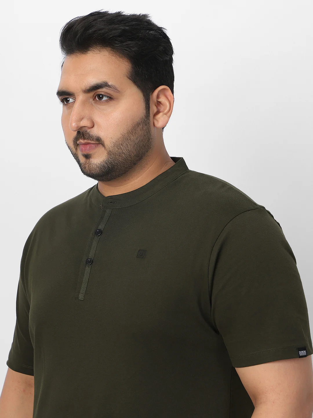 Plus Men's Dark Olive Green Solid Mandarin Collar Regular Fit Half Sleeve Cotton T-Shirt - Image 4