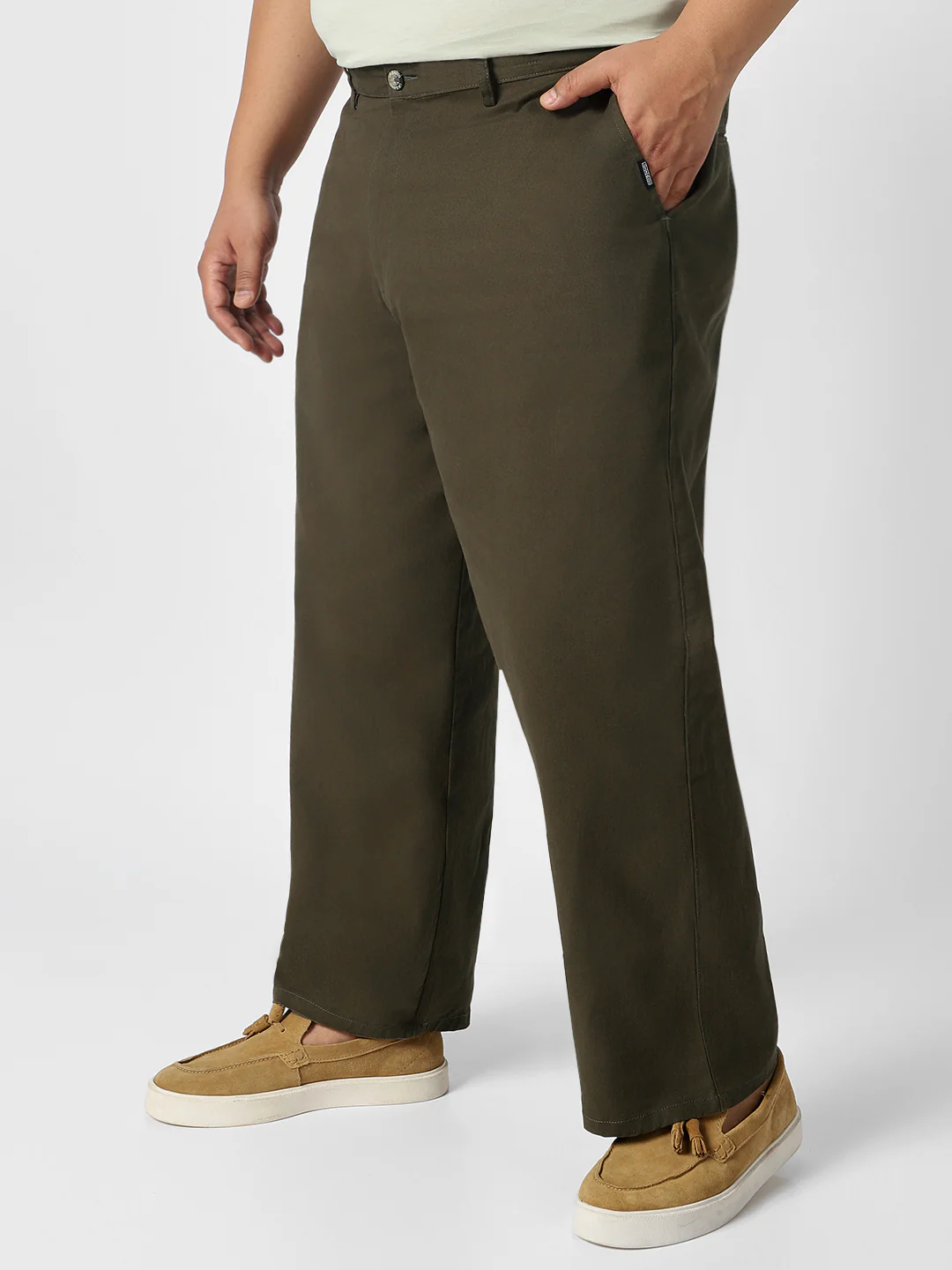Plus Men's Dark Olive Loose Baggy Fit Solid Chino Trousers Non-Stretchable - Image 2