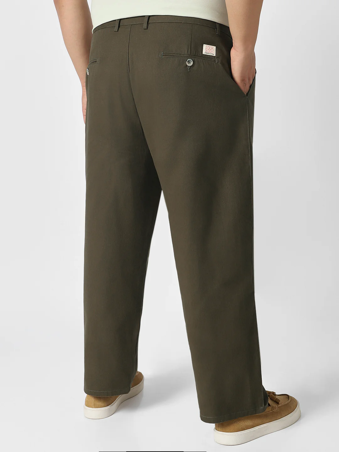 Plus Men's Dark Olive Loose Baggy Fit Solid Chino Trousers Non-Stretchable - Image 3