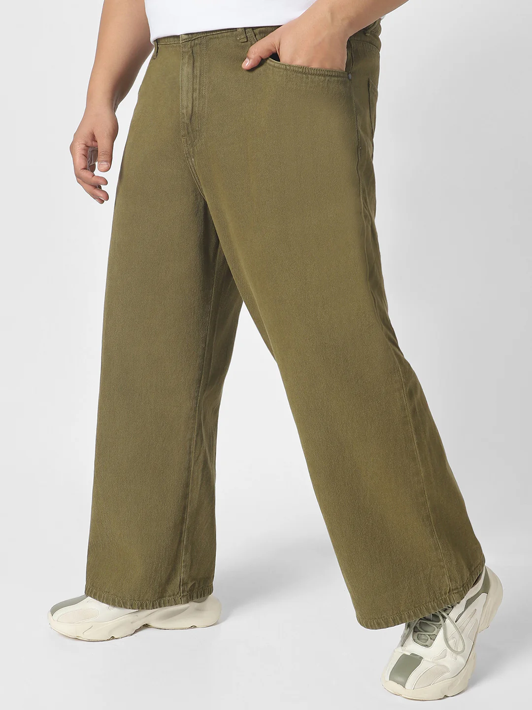 Plus Men's Dark Olive Loose Baggy Fit Washed Jeans Non-Stretchable - Image 2