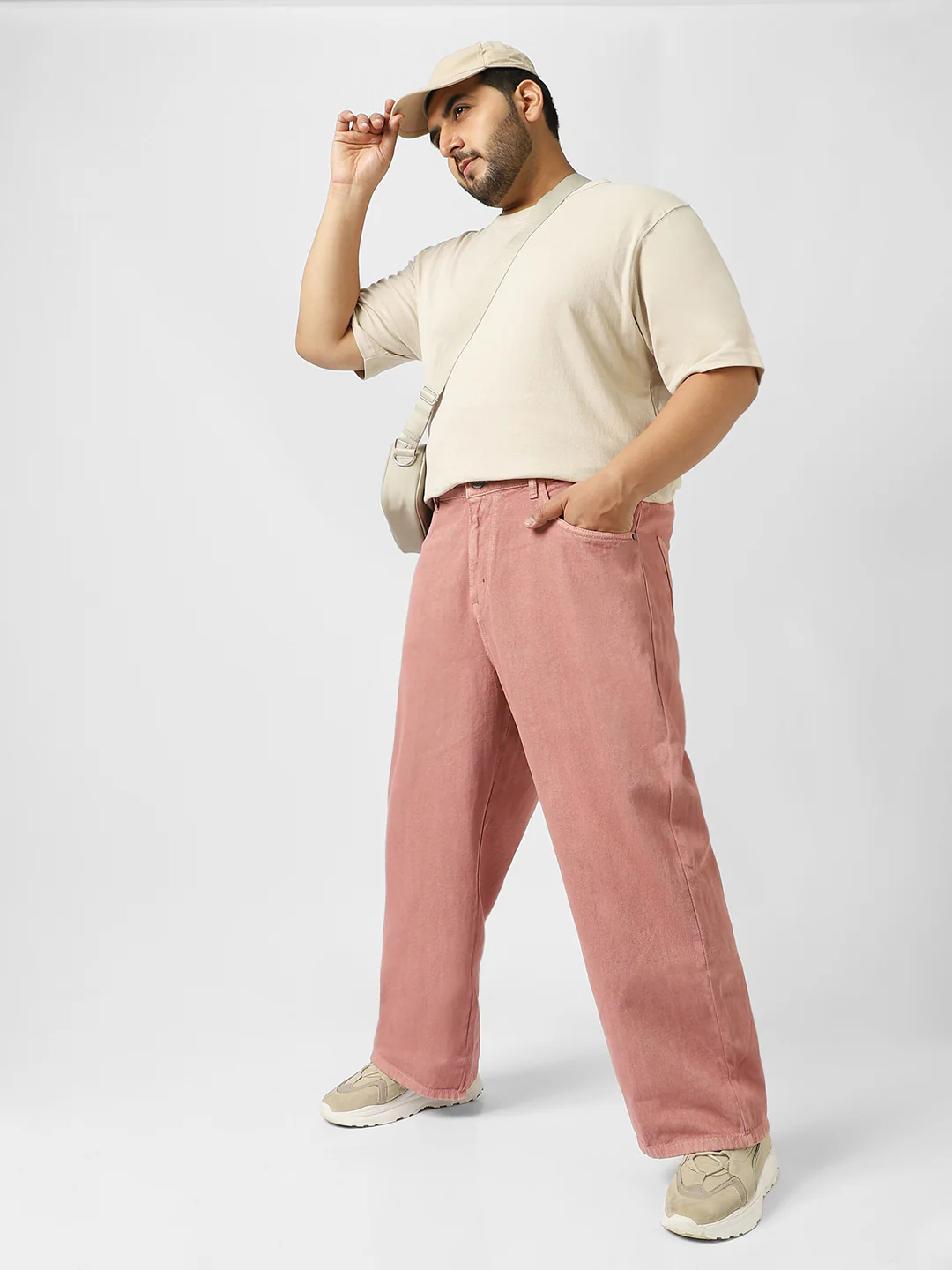 Plus Men's Dark Pink Loose Baggy Fit Washed Jeans Non-Stretchable - Image 4