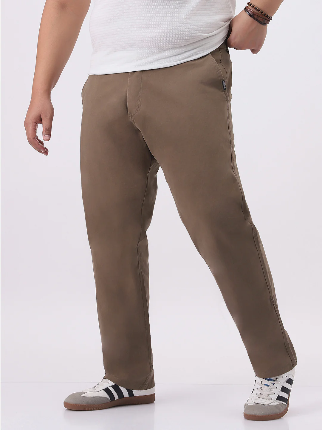 Plus Men's Dark Taupe Cotton Regular Fit Casual Chinos Trousers Stretch