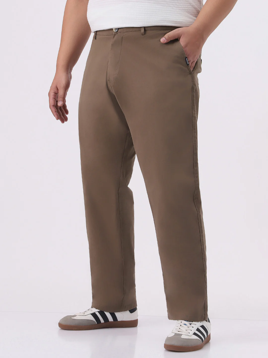 Plus Men's Dark Taupe Cotton Regular Fit Casual Chinos Trousers Stretch - Image 2
