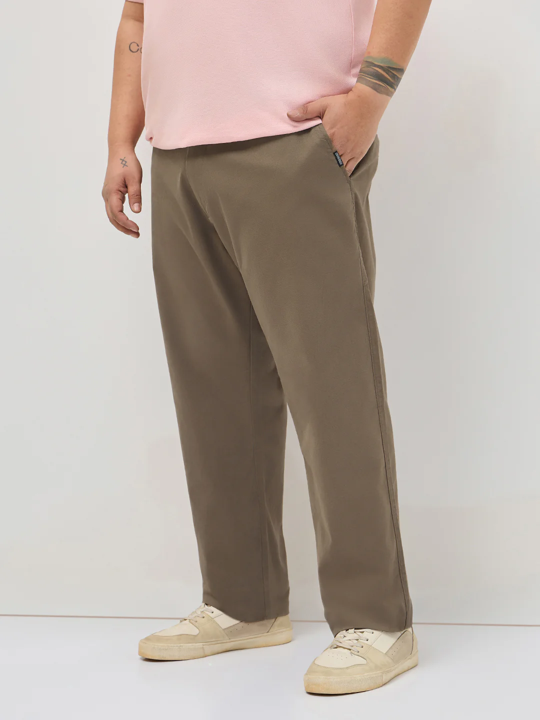 Plus Men's Dark Taupe Straight Fit Mid Rise Cotton Casual Chinos Trousers Stretch - Image 2