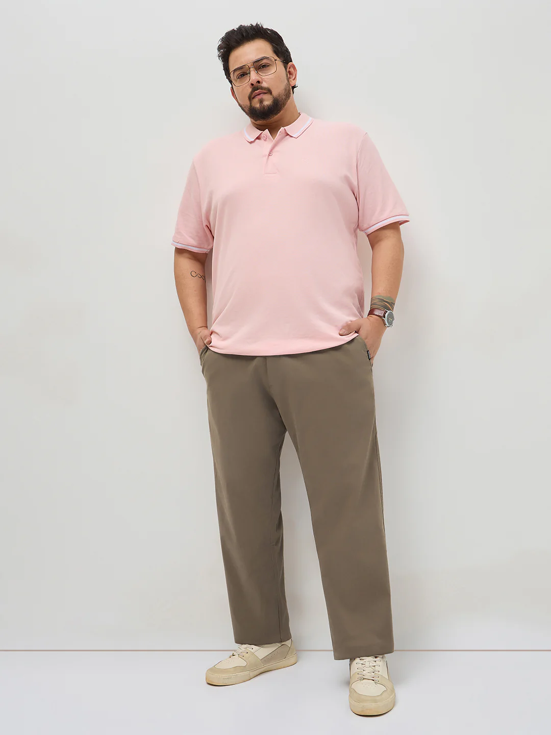 Plus Men's Dark Taupe Straight Fit Mid Rise Cotton Casual Chinos Trousers Stretch - Image 4