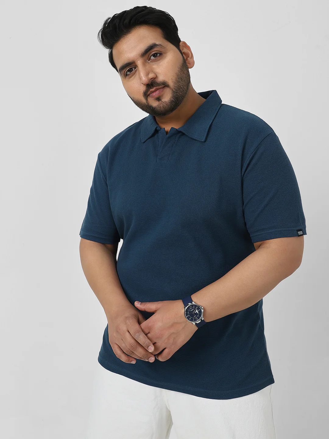Plus Men's Deep Navy Textured Regular Fit Half Sleeve Cotton Polo T-Shirt - Image 2