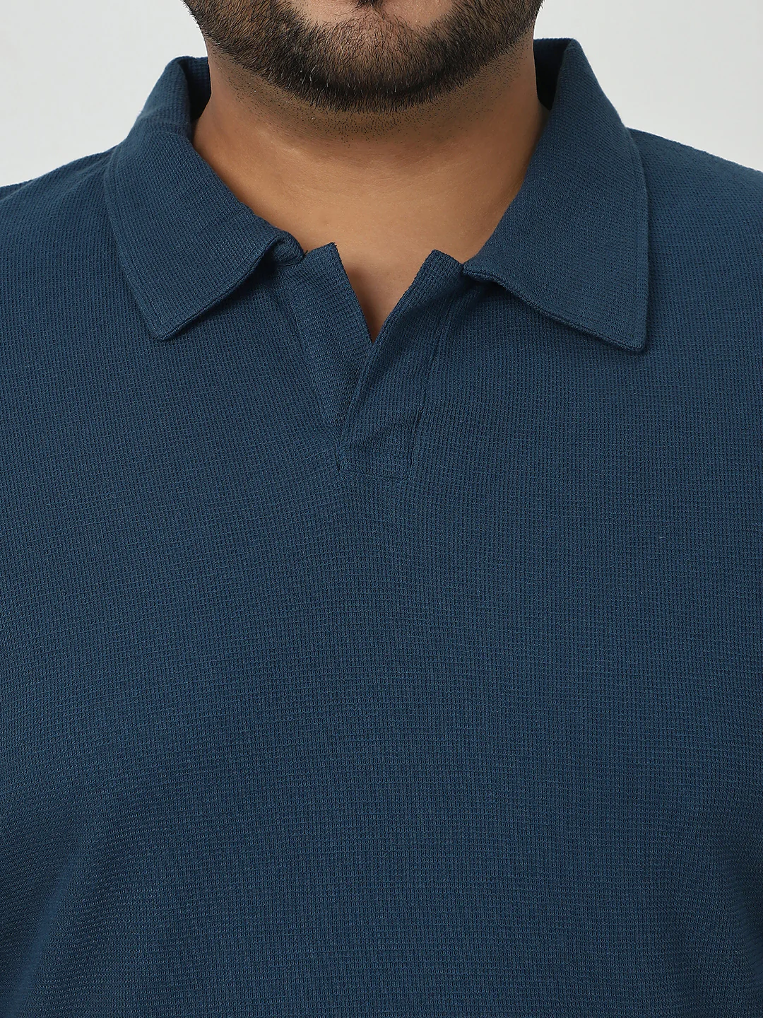 Plus Men's Deep Navy Textured Regular Fit Half Sleeve Cotton Polo T-Shirt - Image 3