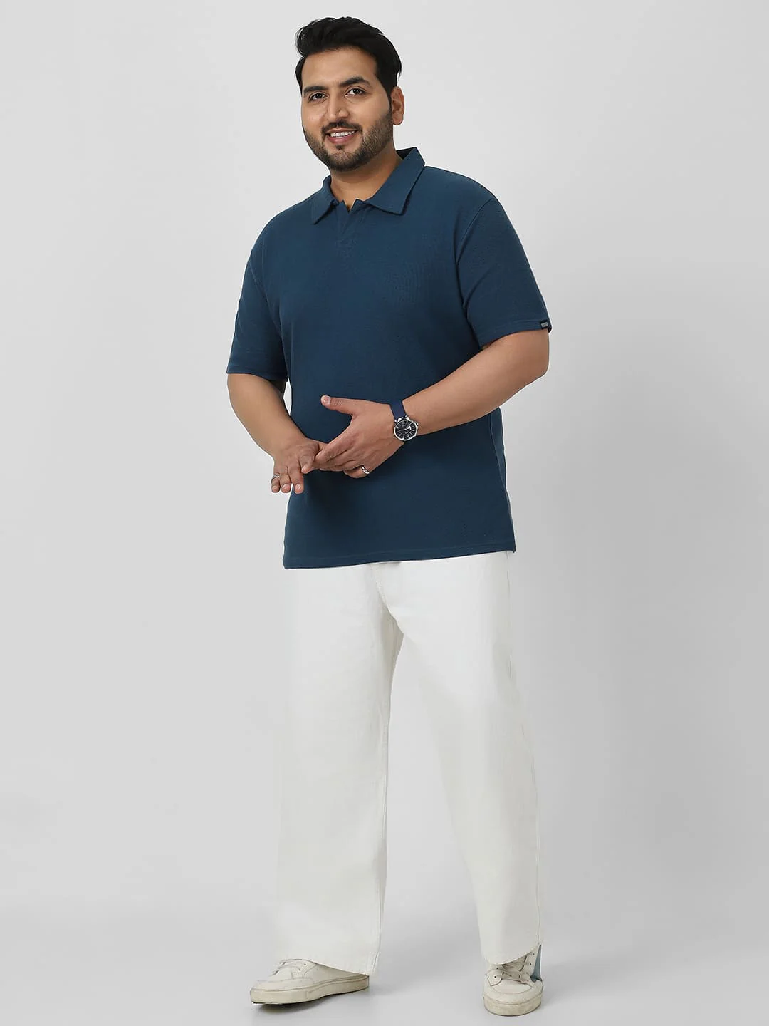 Plus Men's Deep Navy Textured Regular Fit Half Sleeve Cotton Polo T-Shirt - Image 6