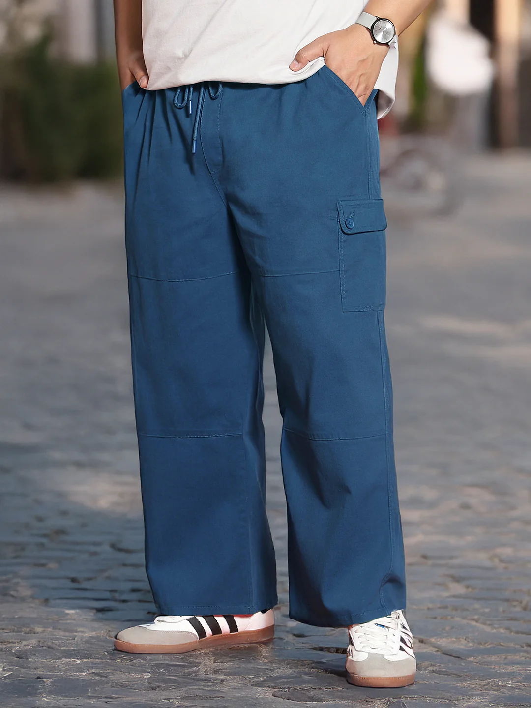 Plus Men's Denim Blue Loose Baggy Fit Cargo Jogger Chino Pant with 6 Pockets Stretchable