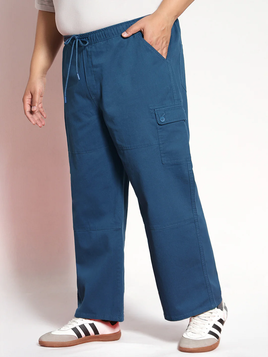 Plus Men's Denim Blue Loose Baggy Fit Cargo Jogger Chino Pant with 6 Pockets Stretchable - Image 2