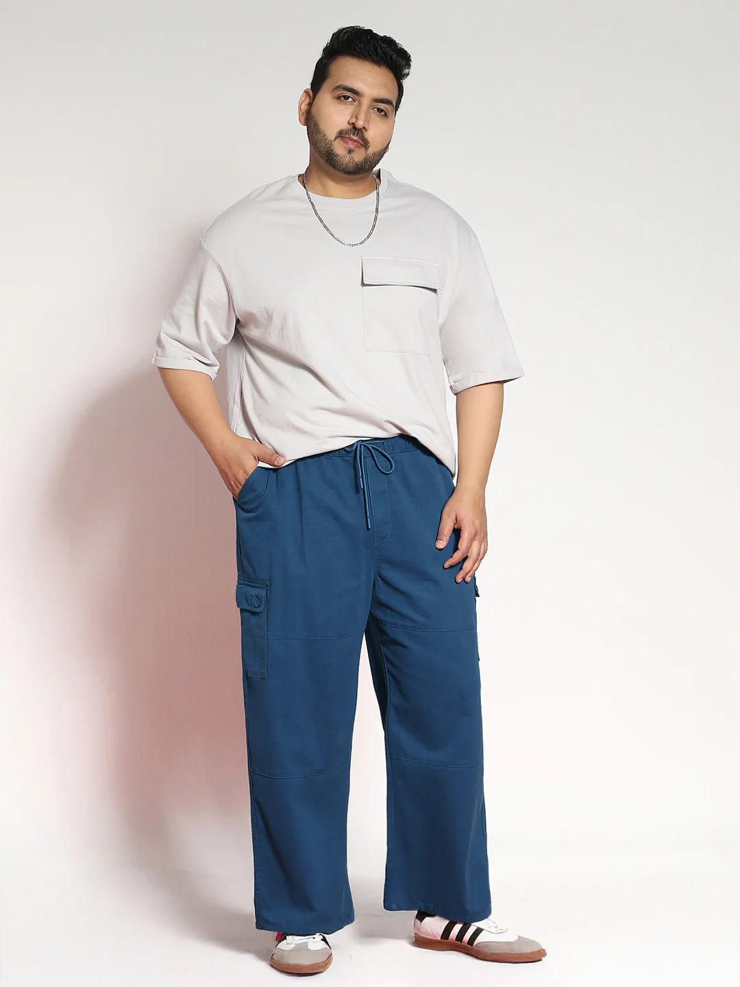 Plus Men's Denim Blue Loose Baggy Fit Cargo Jogger Chino Pant with 6 Pockets Stretchable - Image 4