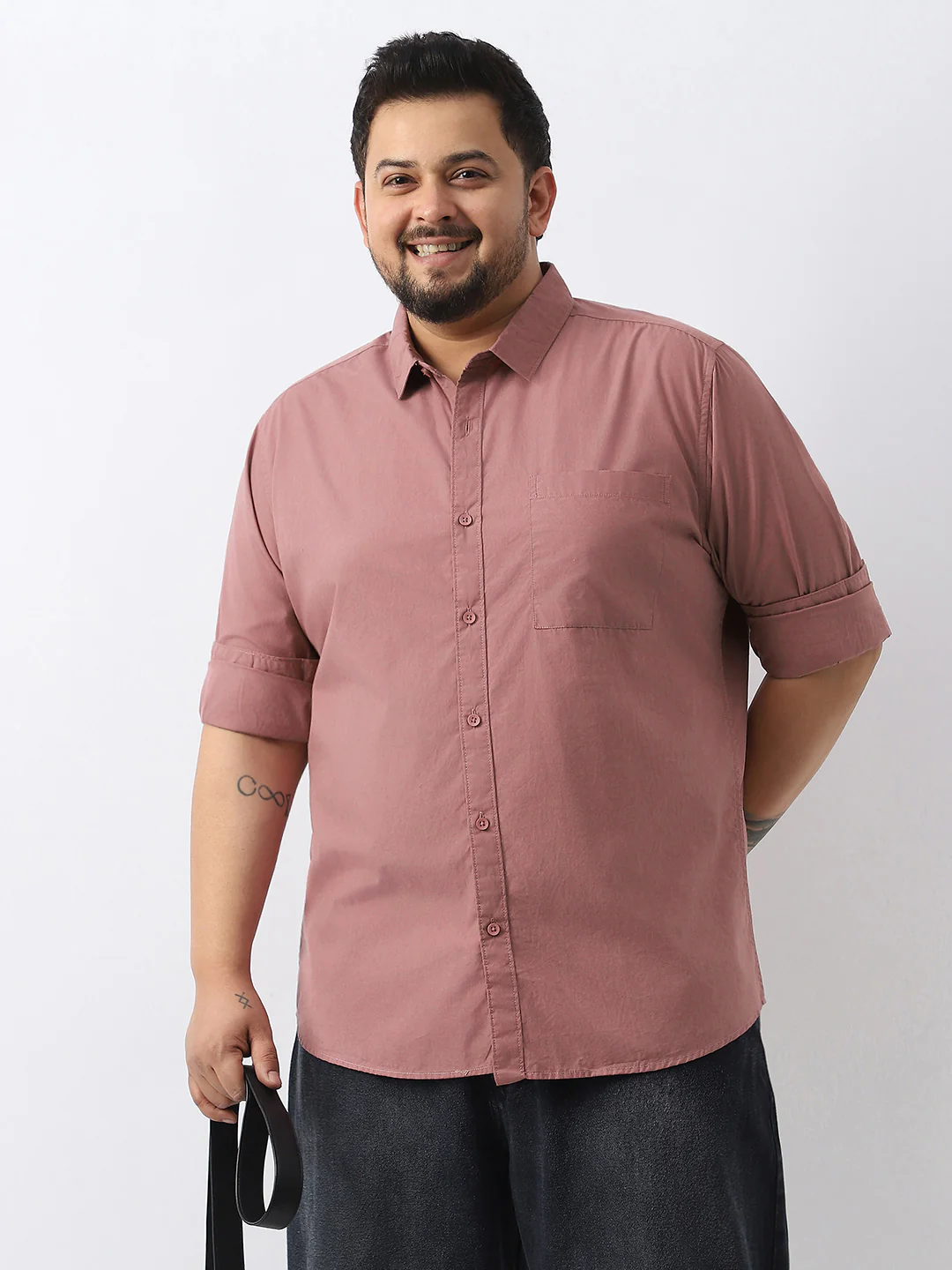 Plus Men's Dusty Pink Cotton Full Sleeve Regular Fit Casual Solid Shirt - Image 2