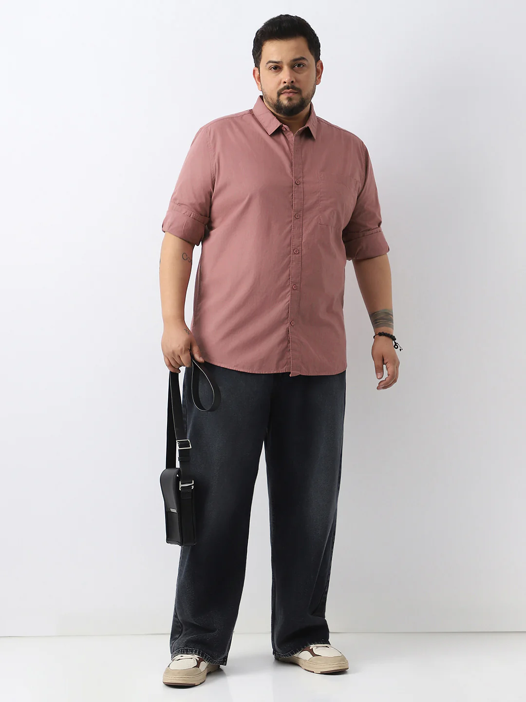 Plus Men's Dusty Pink Cotton Full Sleeve Regular Fit Casual Solid Shirt - Image 5