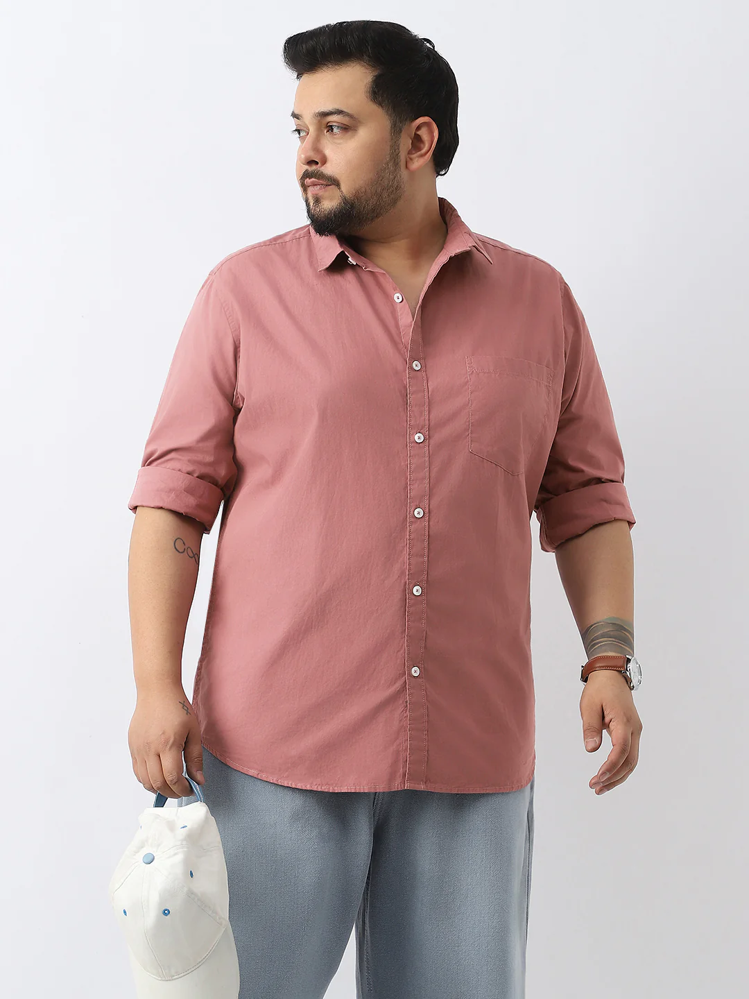 Plus Men's Dusty Pink Cotton Full Sleeve Regular Fit Casual Solid Shirt