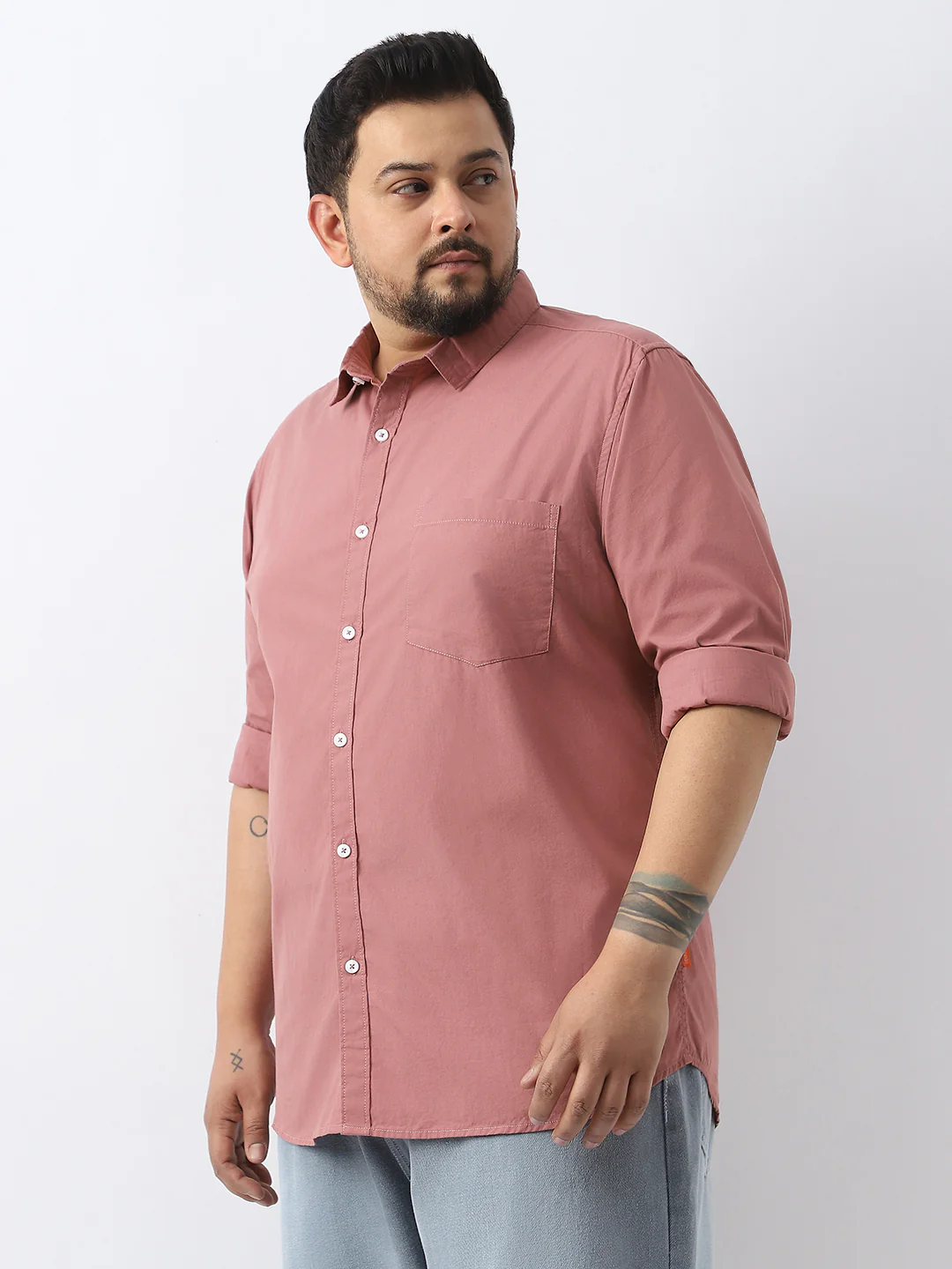 Plus Men's Dusty Pink Cotton Full Sleeve Regular Fit Casual Solid Shirt - Image 2