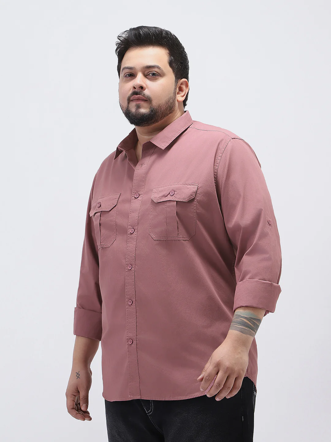 Plus Men's Dusty Pink Cotton Full Sleeve Regular Fit Casual Solid Shirt - Image 2