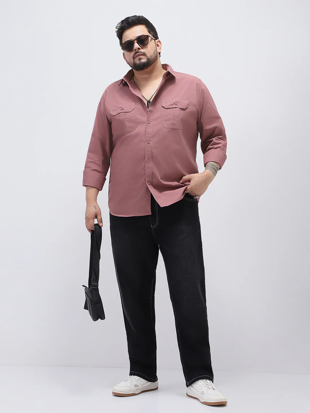 Plus Men's Dusty Pink Cotton Full Sleeve Regular Fit Casual Solid Shirt - Image 4