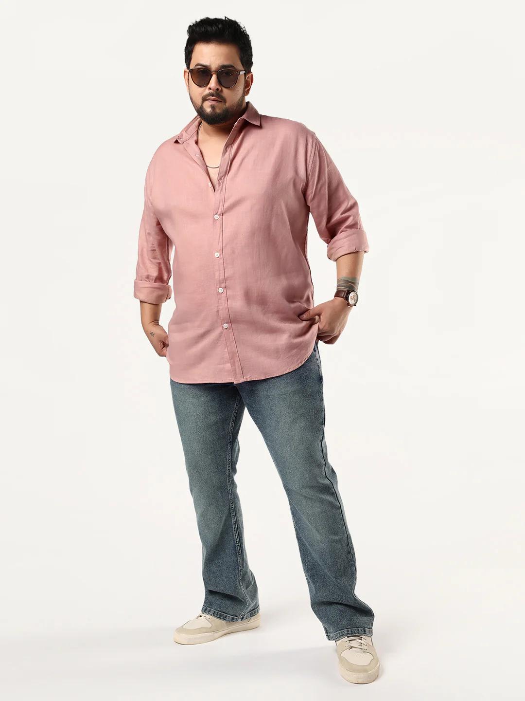 Plus Men's Dusty Pink Linen Blend Full Sleeve Relaxed Fit Casual Solid Shirt - Image 4