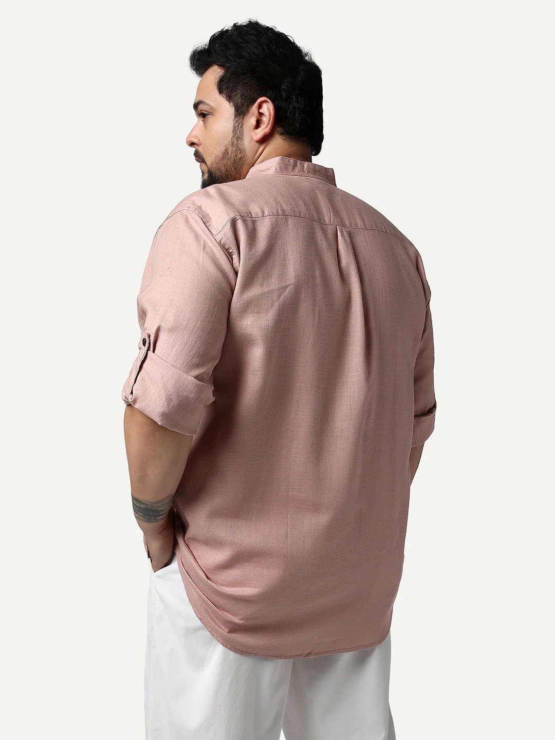 Plus Men's Dusty Pink Linen Blend Full Sleeve Relaxed Fit Mandarin Collar Casual Solid Shirt - Image 3