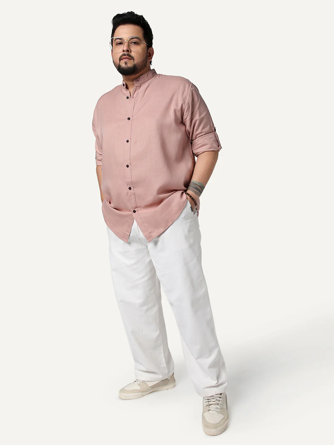 Plus Men's Dusty Pink Linen Blend Full Sleeve Relaxed Fit Mandarin Collar Casual Solid Shirt - Image 4