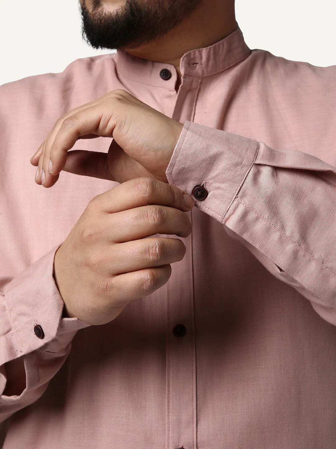 Plus Men's Dusty Pink Linen Blend Full Sleeve Relaxed Fit Mandarin Collar Casual Solid Shirt - Image 5