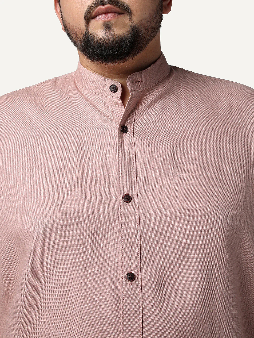 Plus Men's Dusty Pink Linen Blend Full Sleeve Relaxed Fit Mandarin Collar Casual Solid Shirt - Image 6