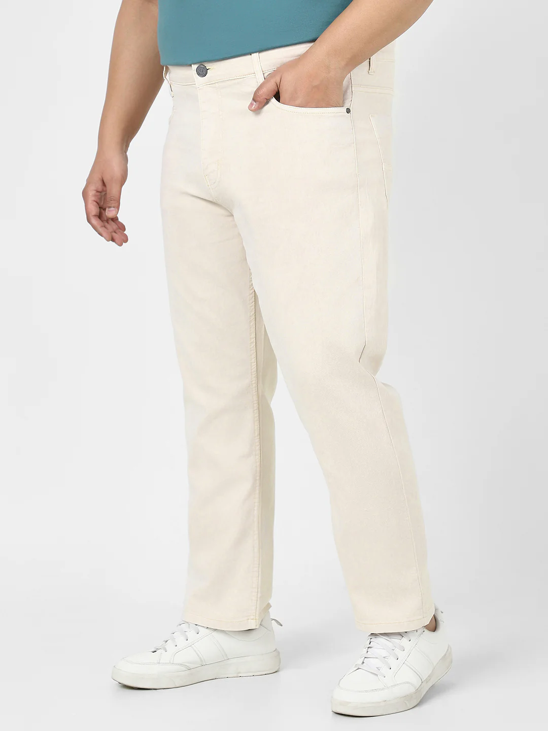 Plus Men's Ecru Straight Fit Washed Jeans Stretchable - Image 2