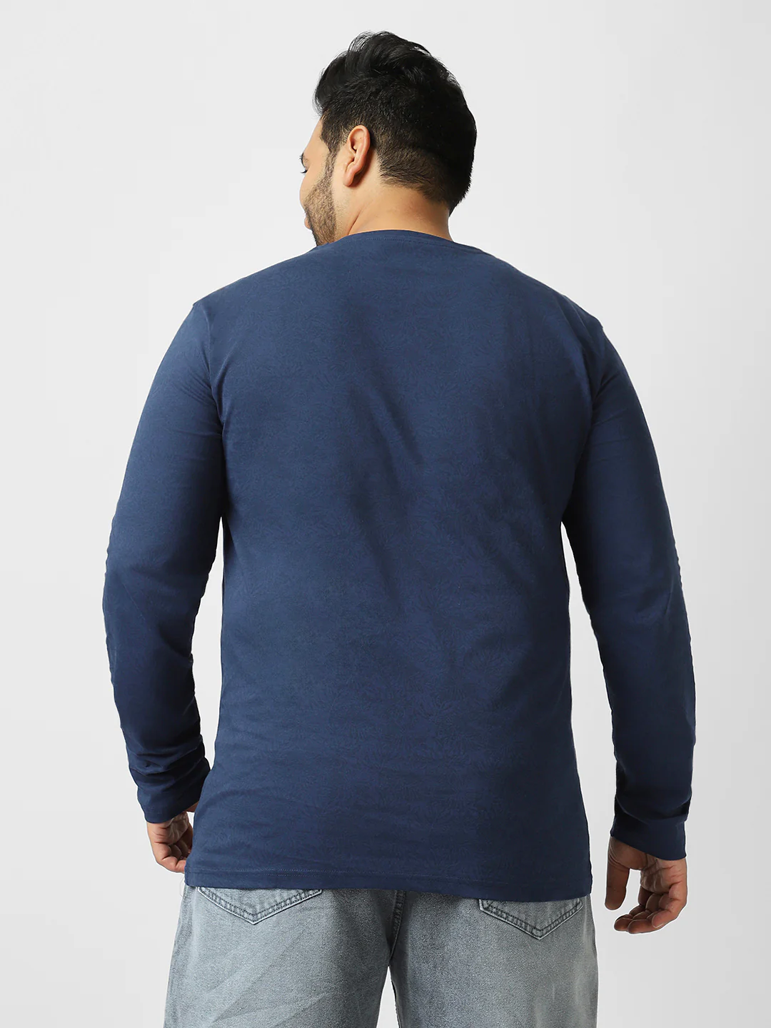 Plus Men's Estate Blue Printed Full Sleeve Regular Fit Cotton T-Shirt - Image 3