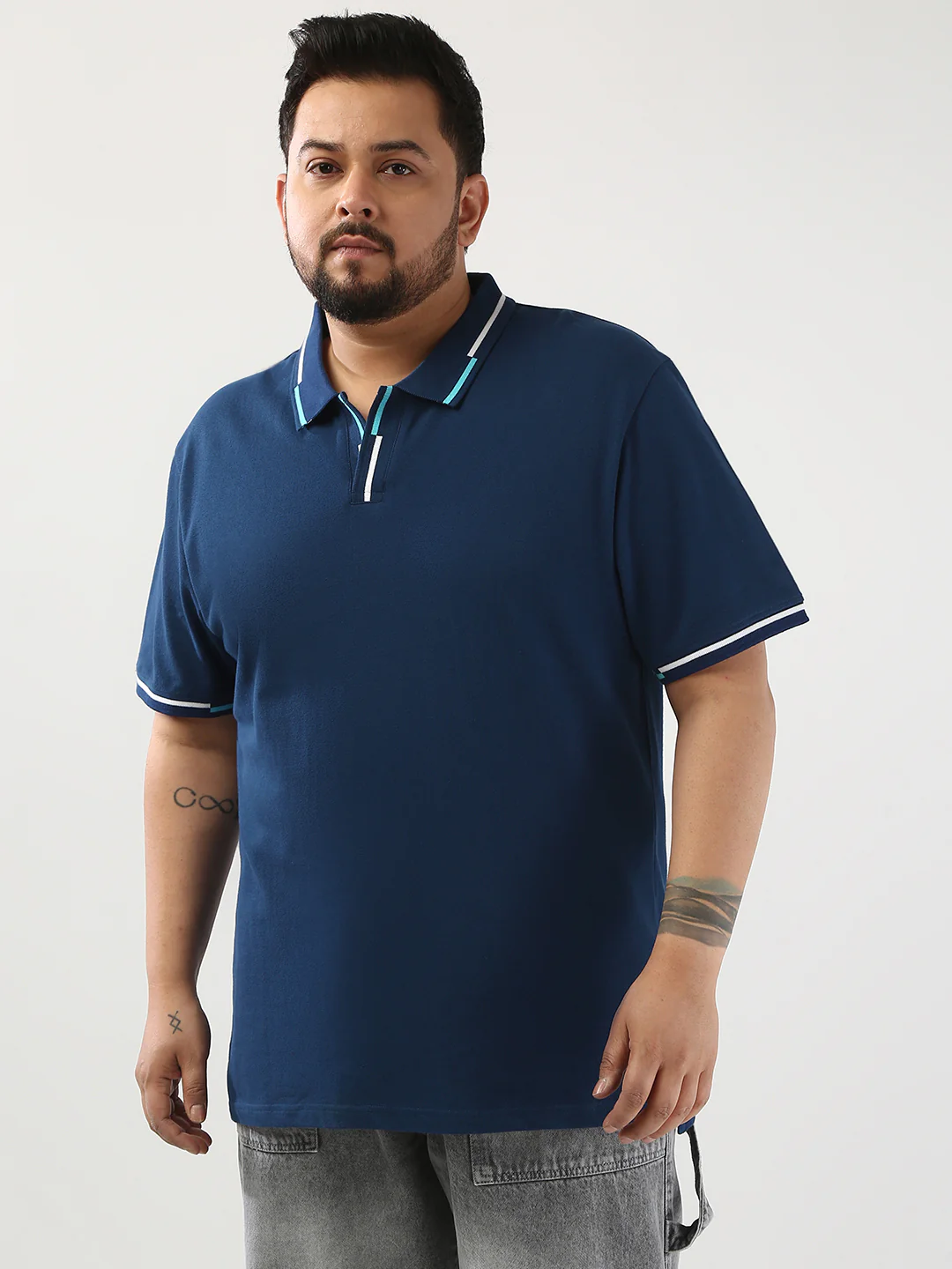 Plus Men's Estate Blue Solid Regular Fit Half Sleeve Cotton Polo T-Shirt - Image 2