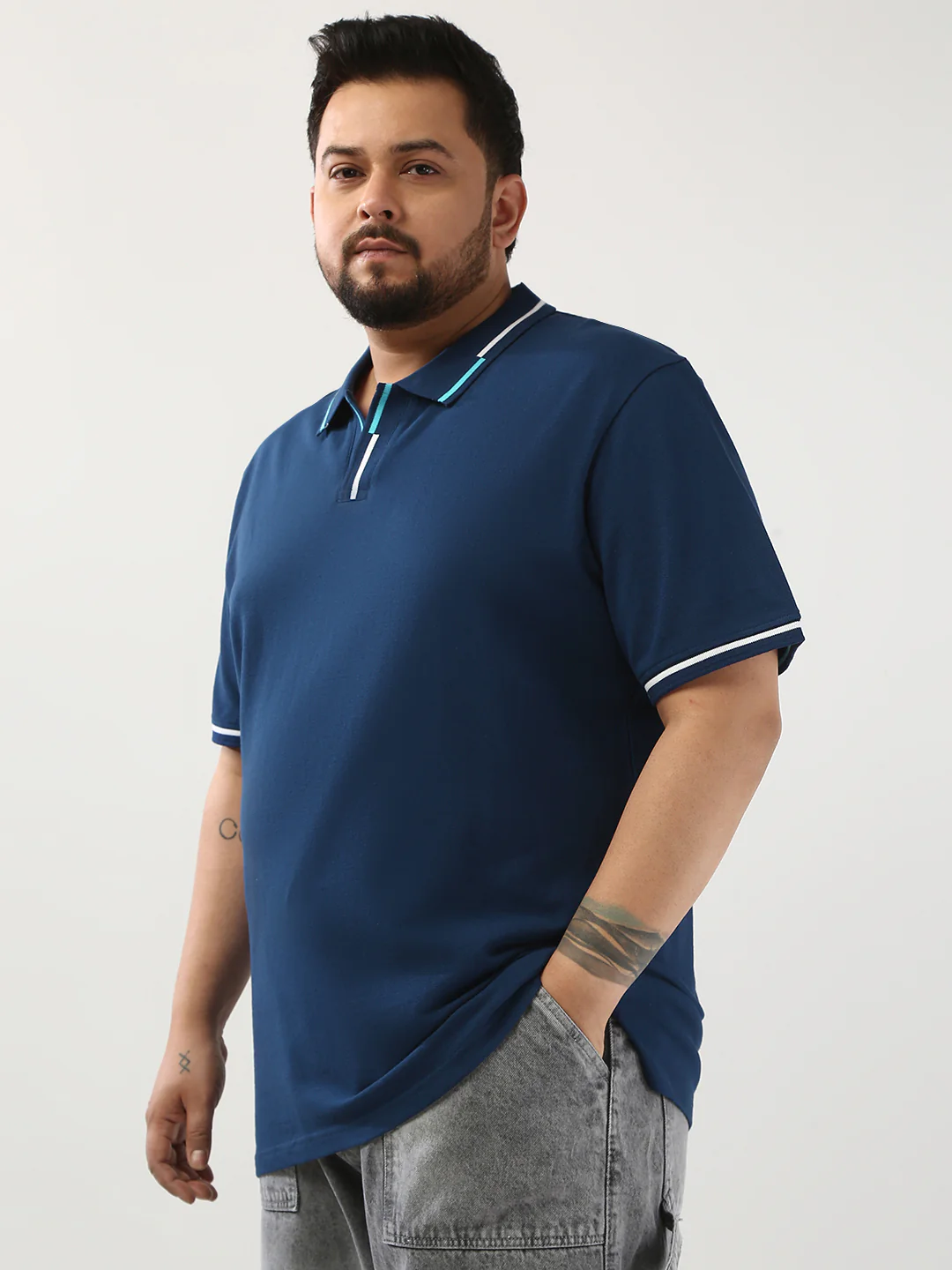 Plus Men's Estate Blue Solid Regular Fit Half Sleeve Cotton Polo T-Shirt - Image 3