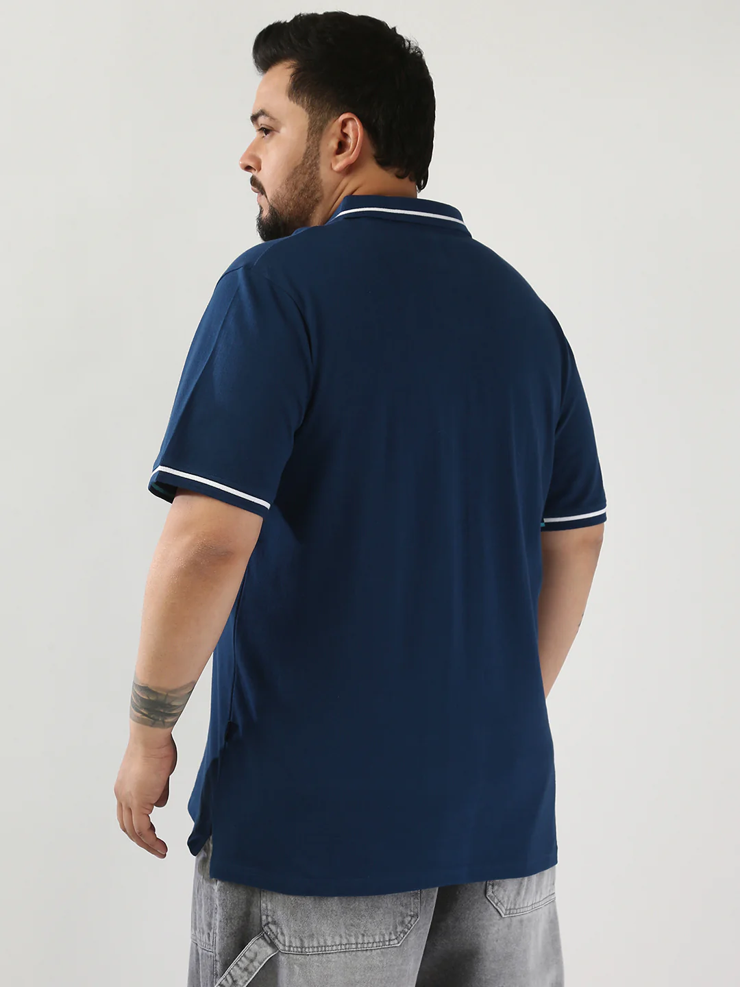 Plus Men's Estate Blue Solid Regular Fit Half Sleeve Cotton Polo T-Shirt - Image 4