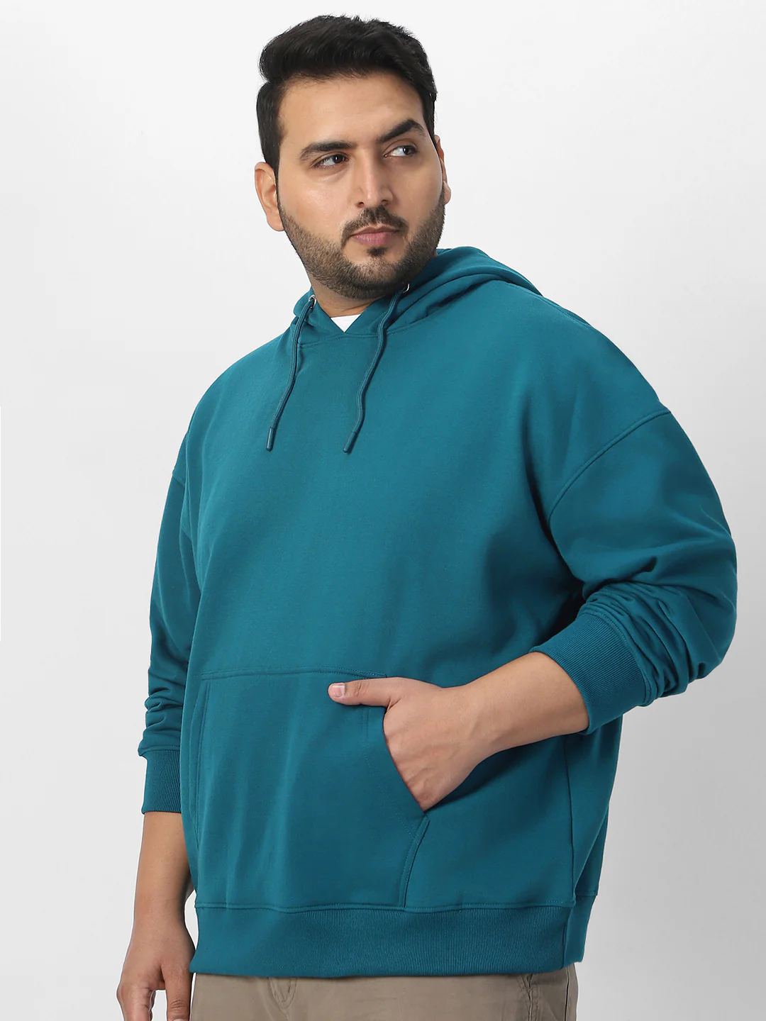 Plus Men's Fog Teal Green Cotton Solid Oversized Hooded Neck Sweatshirt - Image 2